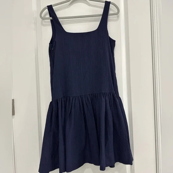 Anthropologie dress XS navy blue square neck seersucker Sleeveless Button-Down - Picture 13 of 16